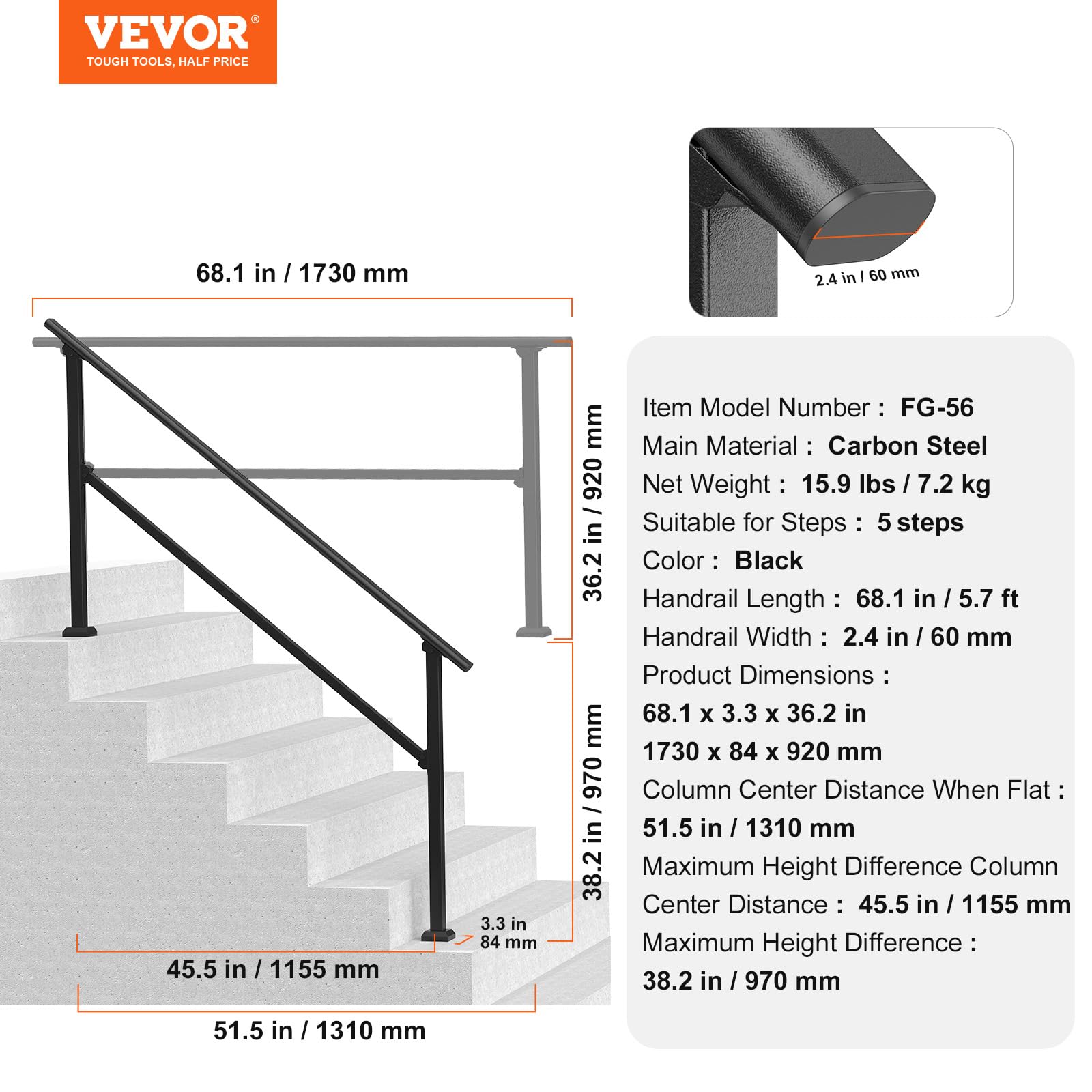 VEVOR Kit Corrimano per Gradini Esterni, Scale 5-6 Gradini, Ringhiere in Acciaio Carbonio, con Kit di Installazione, Corrimano per Anziani, Gradini in Cemento e Portico e Terrazza, Tubo Quadrato Nero