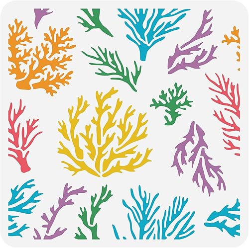 BENECREAT Plantilla de coral, plantillas de plástico reutilizables de 12 x 12 pulgadas, patrón de plantas marinas, plantilla de pintura para diario,