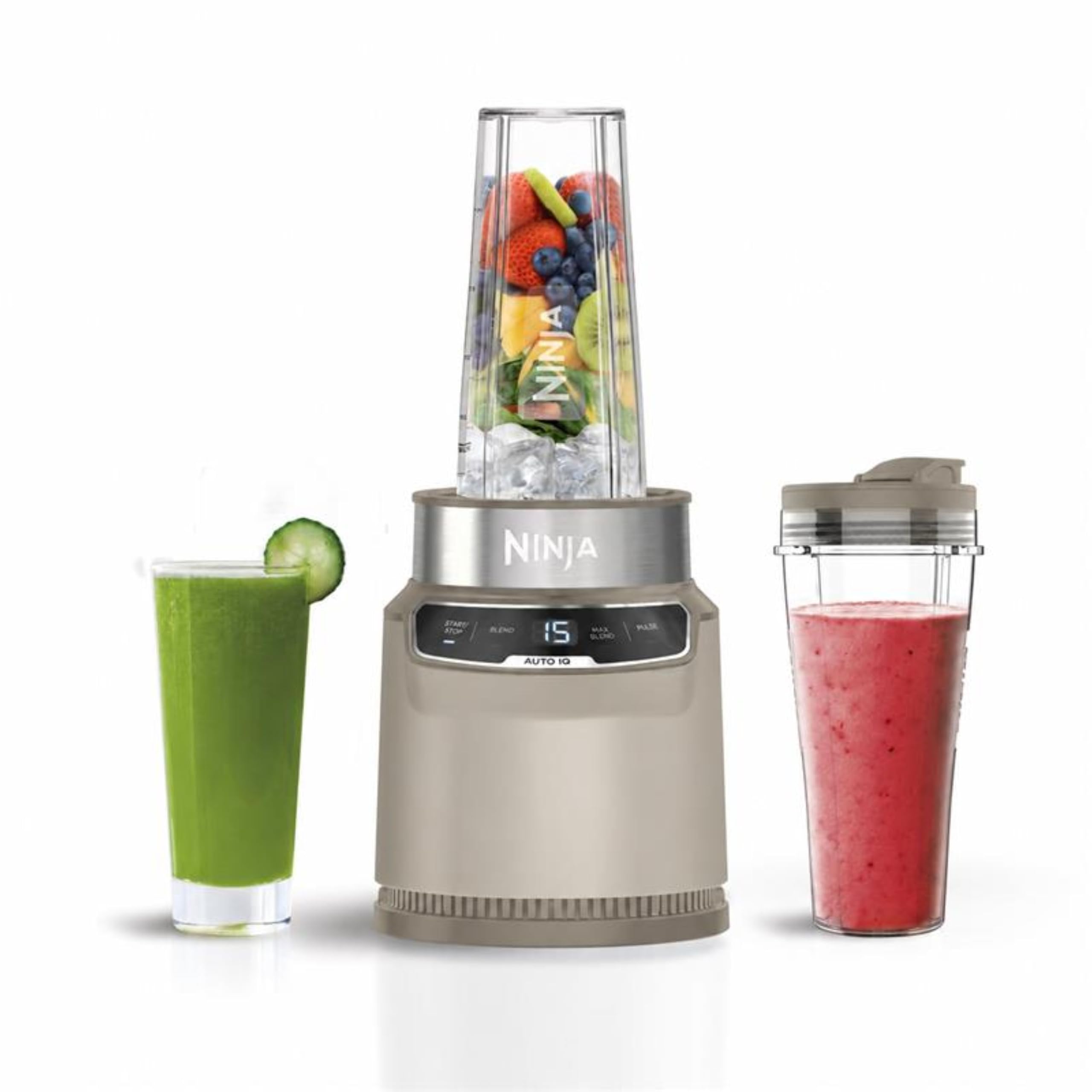 Ninja Personal Blender. Mixer mit Auto-iQ Technologie, 1000-W-Motor, inkl. 1x Becher für eine Portion mit 700 ml, Stonegold BN500EUSD1