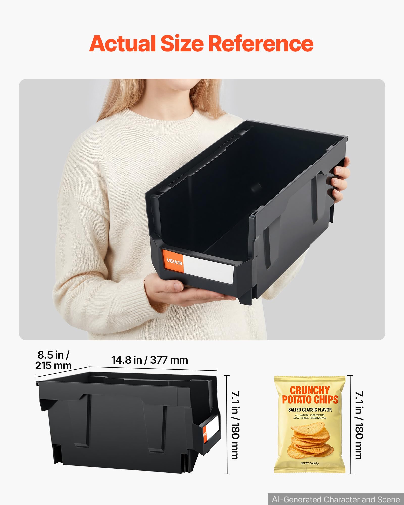 VEVOR Bac à Bec Empilable Lot de 6 Bacs de Rangement Plastique, 37,7 x 21,5 x 18 cm, Boites Rangement Empilables pour Atelier, Garage, Petites Pièces, Fournitures de Bureau et Autres Accessoires, Noir
