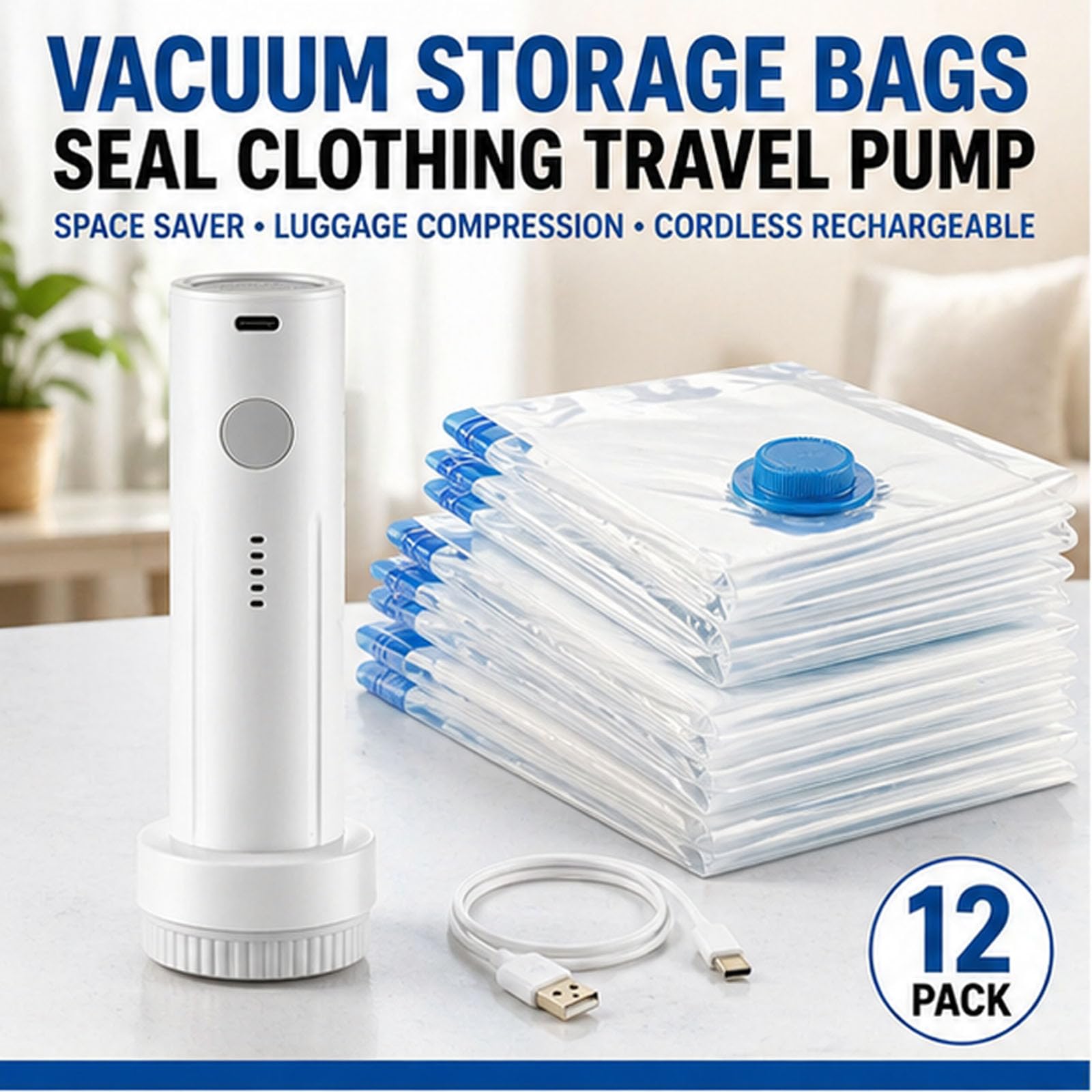 Juego de 12 Bolsas de Vacío para Viaje con Bomba Recargable Inalámbrica, Bolsas de Almacenamiento al Vacío de 3 Tamaños para Ropa,Ropa de Cama y Almacenamiento Estacional,Ahorra Espacio en el Equipaje