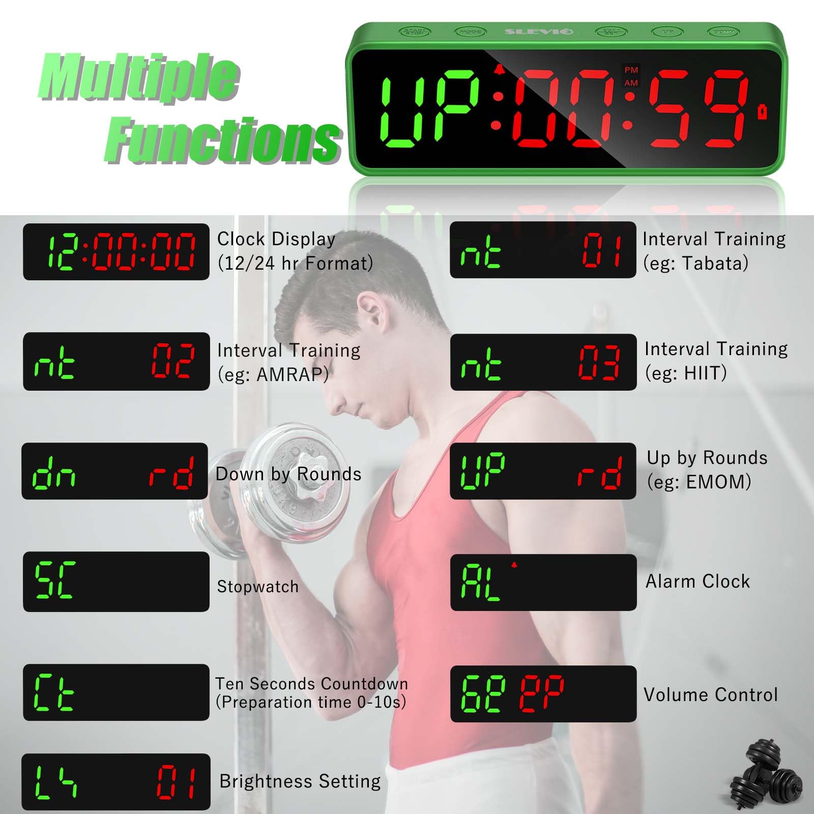 Small Gym Timer Clock Stopwatch Magnetic Workout Interval Timer, Large LED Digital Display, Home Accessories Countdown Clock for Home Gym Garage Schools (Matte Green)