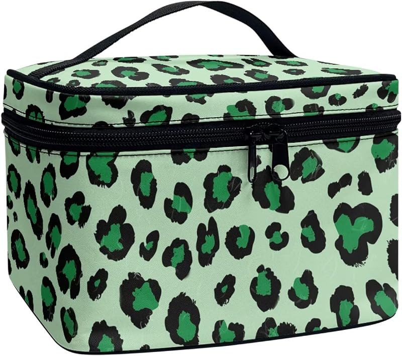 Necessaire de viagem Drydeepin em formato tote com alça e compartimento para pincéis, estampa Leopard Green, 1 unidade