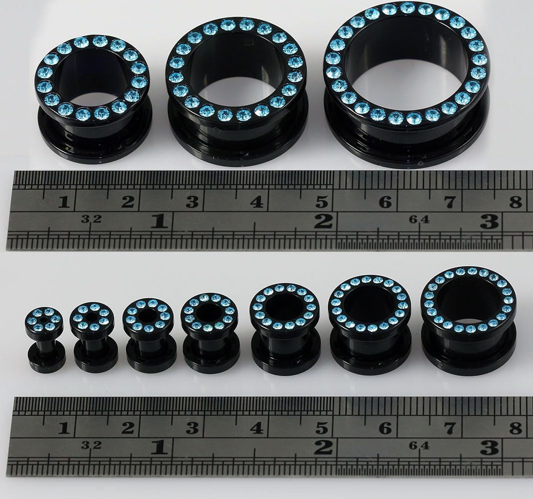 Multi Aquamarine Crystal Stones on Black UV Acrylic Ear Gauge Flesh Tunnel - Stretching - Gauge Ear Plug Body Piercing Jewelry