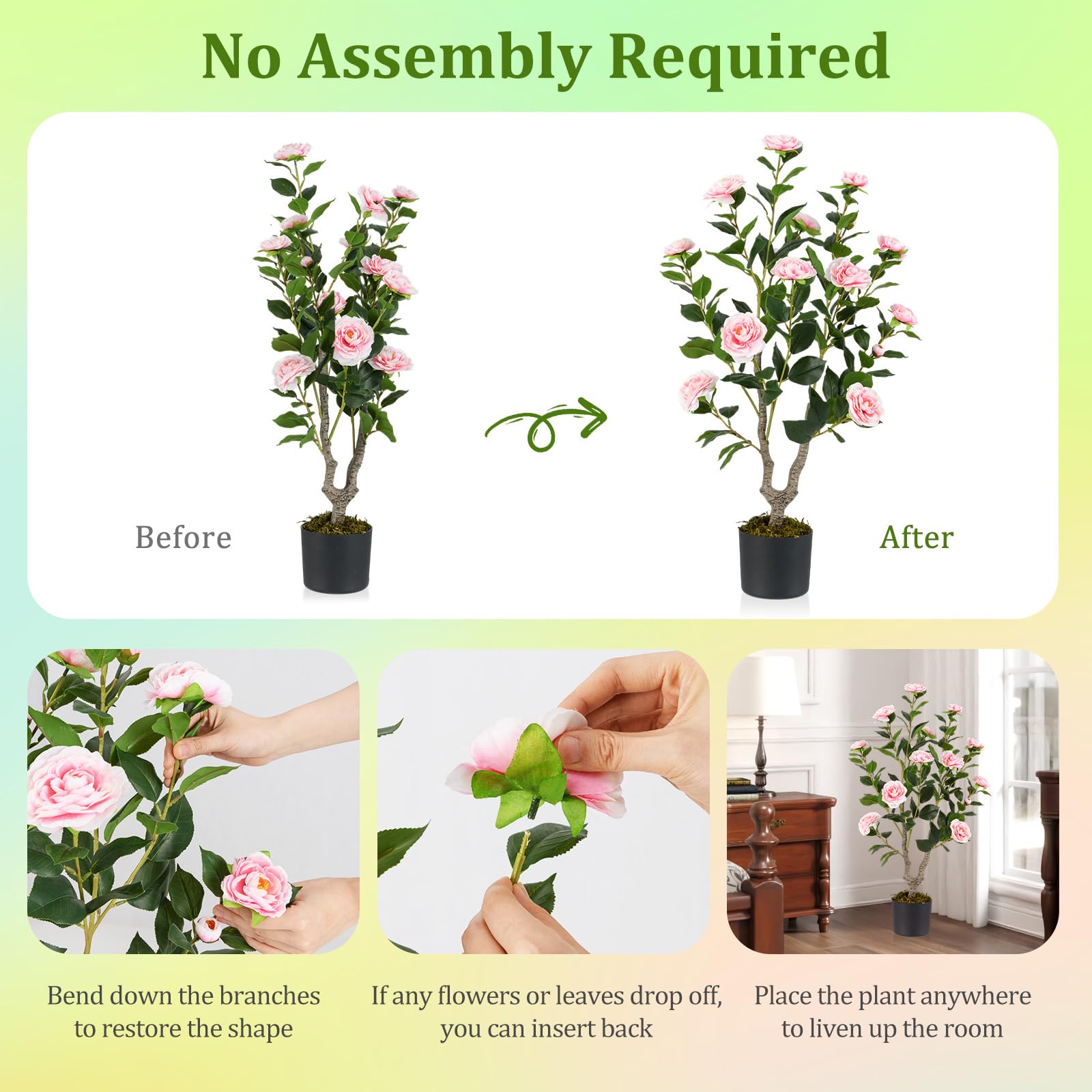 GIANTEX Albero di Camelia Artificiale da 90 cm, Pianta Finta con 16 Fiori di Camelia Rosa in Tessuto, Tronco in Legno Massiccio, Pianta Decorativa in Vaso per Ristorante, Ufficio (Rosa)