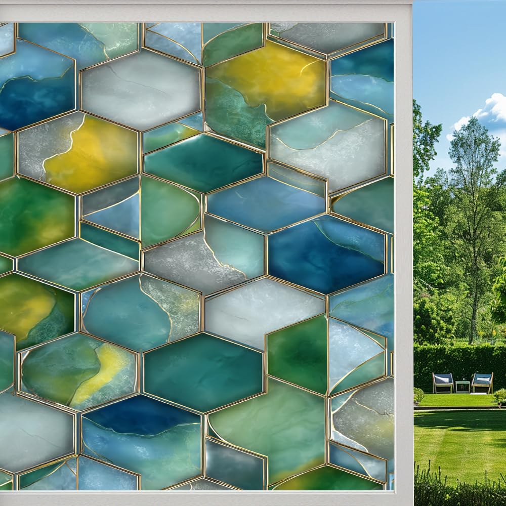 Pmlbaous Hexagon Texture Privacy Window Film, Abstract Geometric Color Blocks Frosted Self-Adhesive Vinyl Cling For Glass Doors Bathroom Windows Sun Blocking Heat Control, （55X80cm）