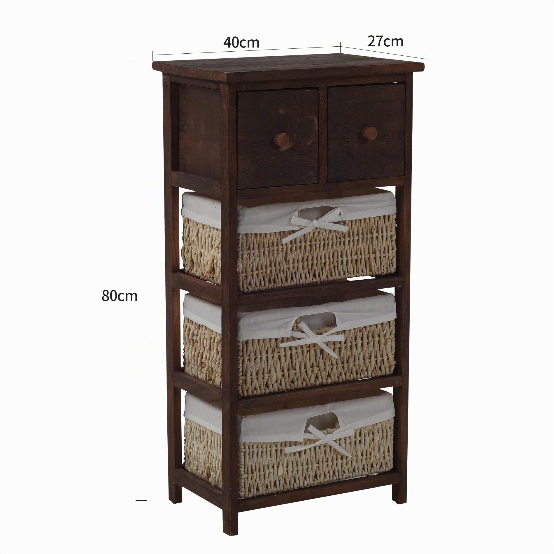 Rebecca Mobili Armario Rústico, Mueble Baño con 2 Cajones, 3 Cestas, Madera Mimbre, Marrón, Estilo Country, Entrada baño- Medidas: 80 x 40 x 27 cm (AxANxF) - Art. RE4059