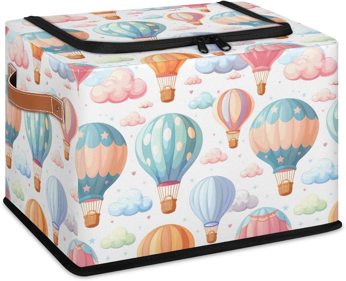 Cute Cat Storage Bins with Zipper Lid, Collapsible Fabric Storage Basket with Leather Handles Closet Shelf Cloth Organizer Basket for Nursery Bedroom Clothes Toy