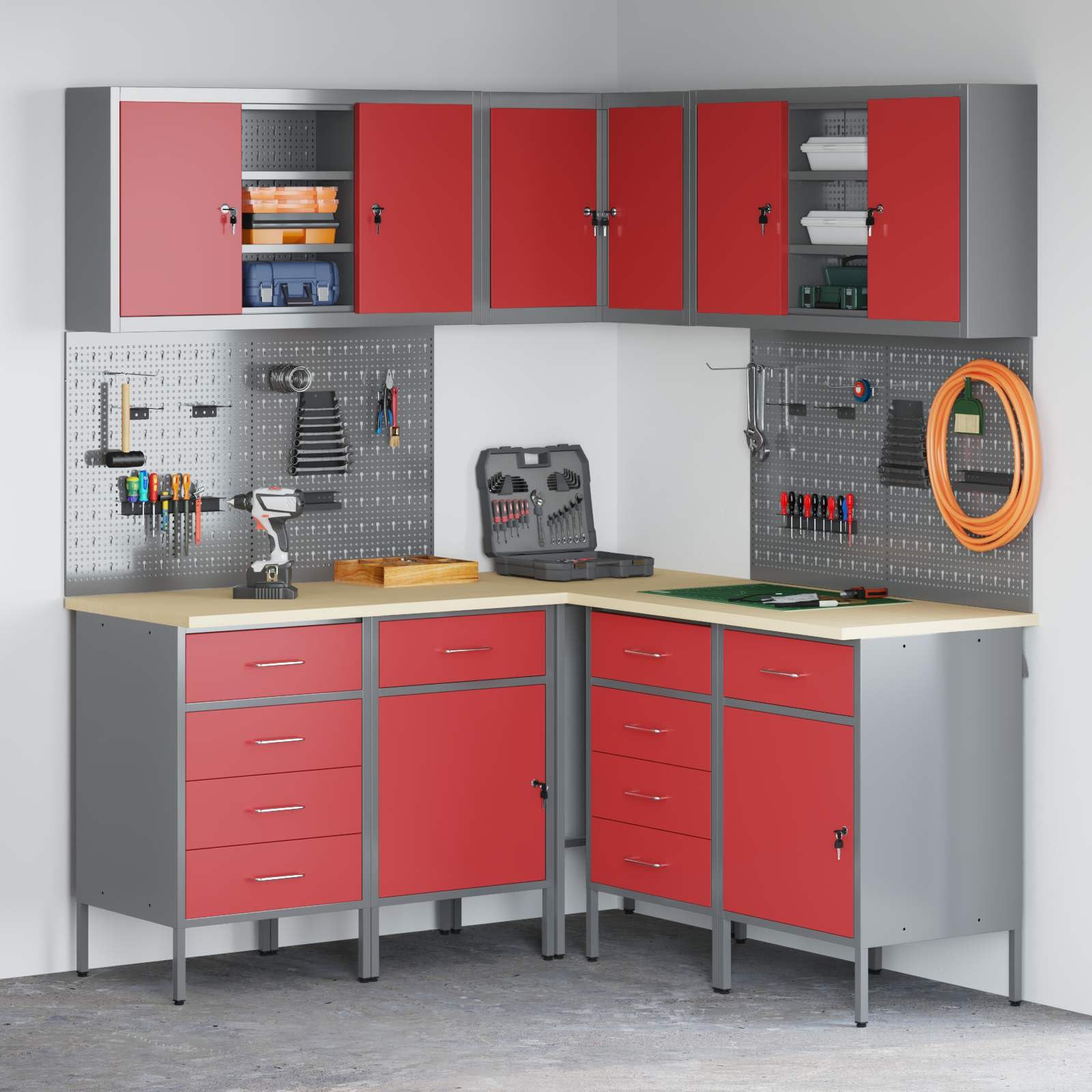 Arbeitsschrankset mit Schubladen und Regal 12-teilig rot grau pulverbeschichteter Stahl Engineering-Holz 255x55x220 cm mit Werkzeughalter Haken Wandmontage für Werkstatt Ordnung