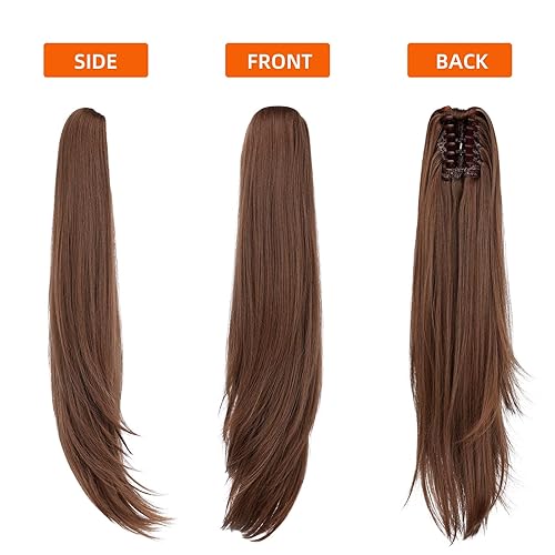 Miniatura 6 de Extensiones de cabello sintético con clip marrón para cola de caballo, 18 pulgadas, lacio, 4.2 onzas, postizos falsos para mujer, Yaki esponjoso,