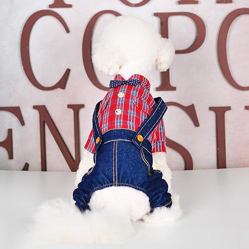 Miniatura 5 de SMALLLEE_LUCKY_STORE Ropa para mascotas, disfraz de cachorro, overol de mezclilla para perros pequeños y medianos, gatos, niños, camisa a cuadros