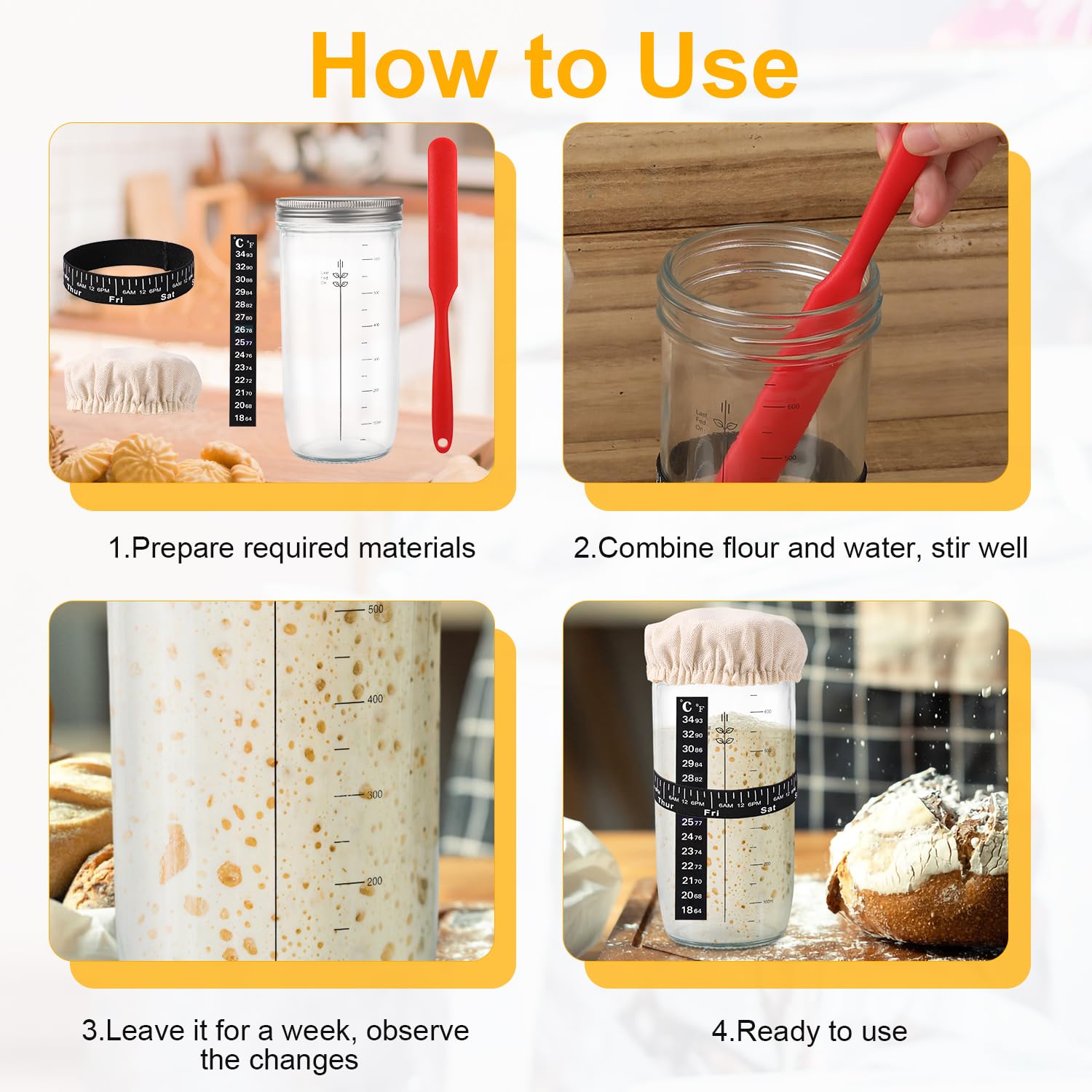 Kit Lievito Madre Con Barattolo 730ml - Include Fascia Data, Lama Pane, Raschietto E Sling Silicone - Foto 8