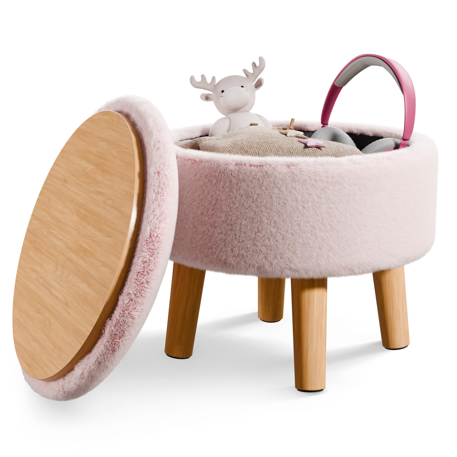 BRIAN & DANY Footstool with Storage, Small Storage Ottoman, Faux Fur Round Stool with Lid, Foot Stool with Legs for Living Room Entryway, Pink
