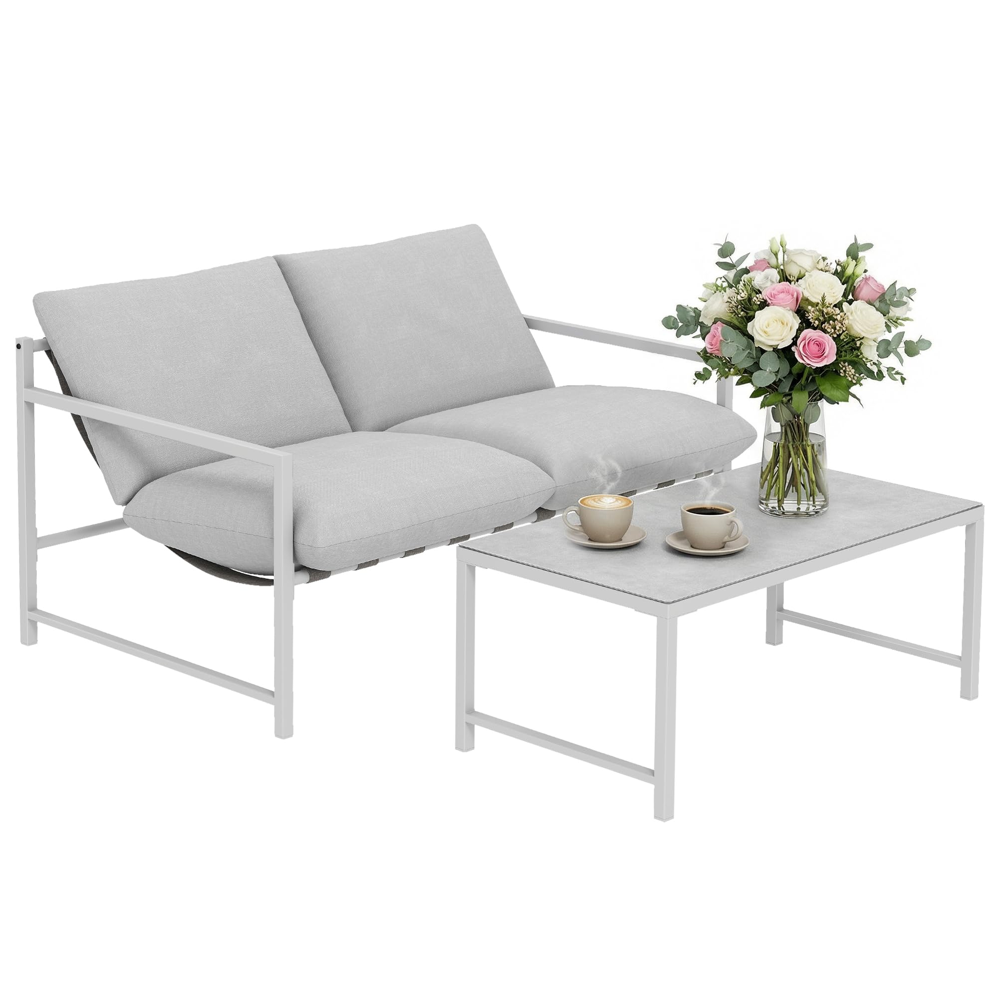 Outsunny Salon de Jardin Extérieur 2 Pièces, Canapé 2 Places avec 2 Coussins et Table Basse en Verre Trempé Marbré 3D, Mobilier de Jardin pour Terrasse Balcon Jardin, Acier, Gris Clair