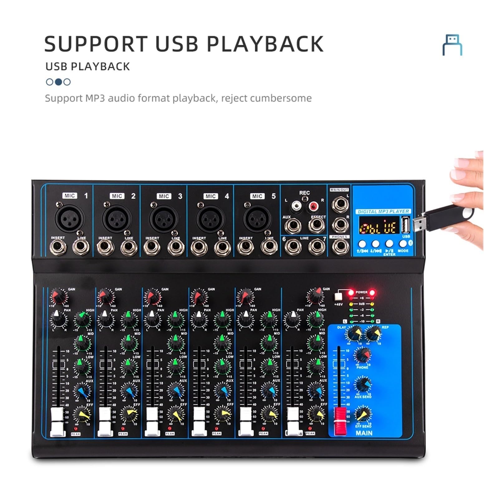 VChics Mixer Audio, Mixer Audio Mixer Professionale A 7 Canali Riverbero USB F7 Home KTV Mixer Audio di Rete Live for Performance sul Palco for PC per Chitarre, Bassi, tastiere(F4)