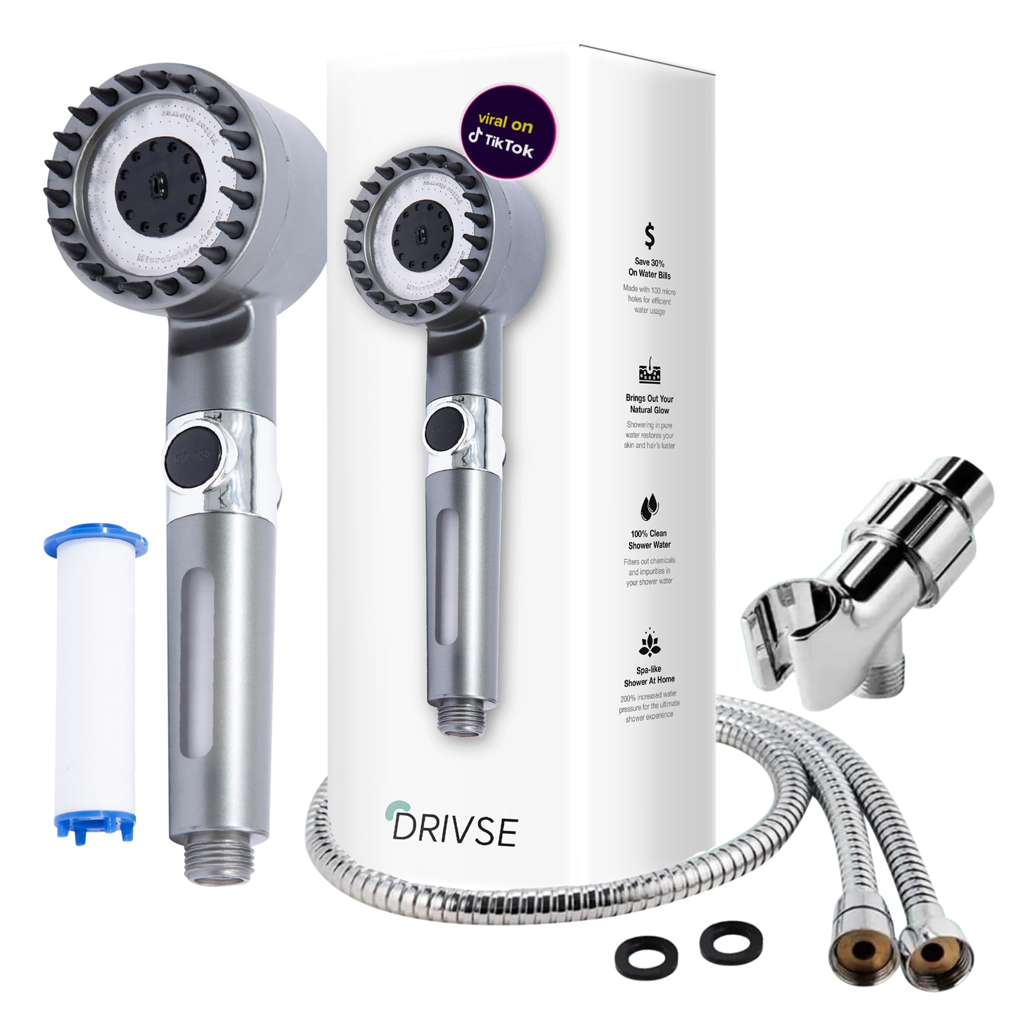 Original Drivse IonDrops Filtered Shower Head - High Pressure Shower Heads with 1 Replacement Filter, Detachable Handheld Showerhead with Long Flexible Hose Holder, Adjustable Bracket Showerhead