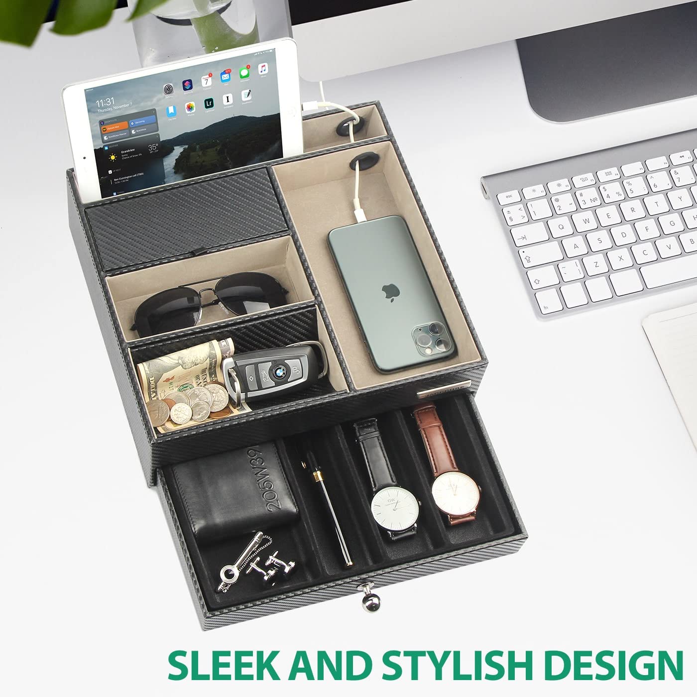 JackCubeDesign Table de nuit multi-fonctionnelle Coffret à bijoux en cuir noir Catch All Valet Tray Organizer Boîte de rangement avec tiroir et trou de chargement (Noir, 28 x 27 x 8,9 cm) -: MK389A