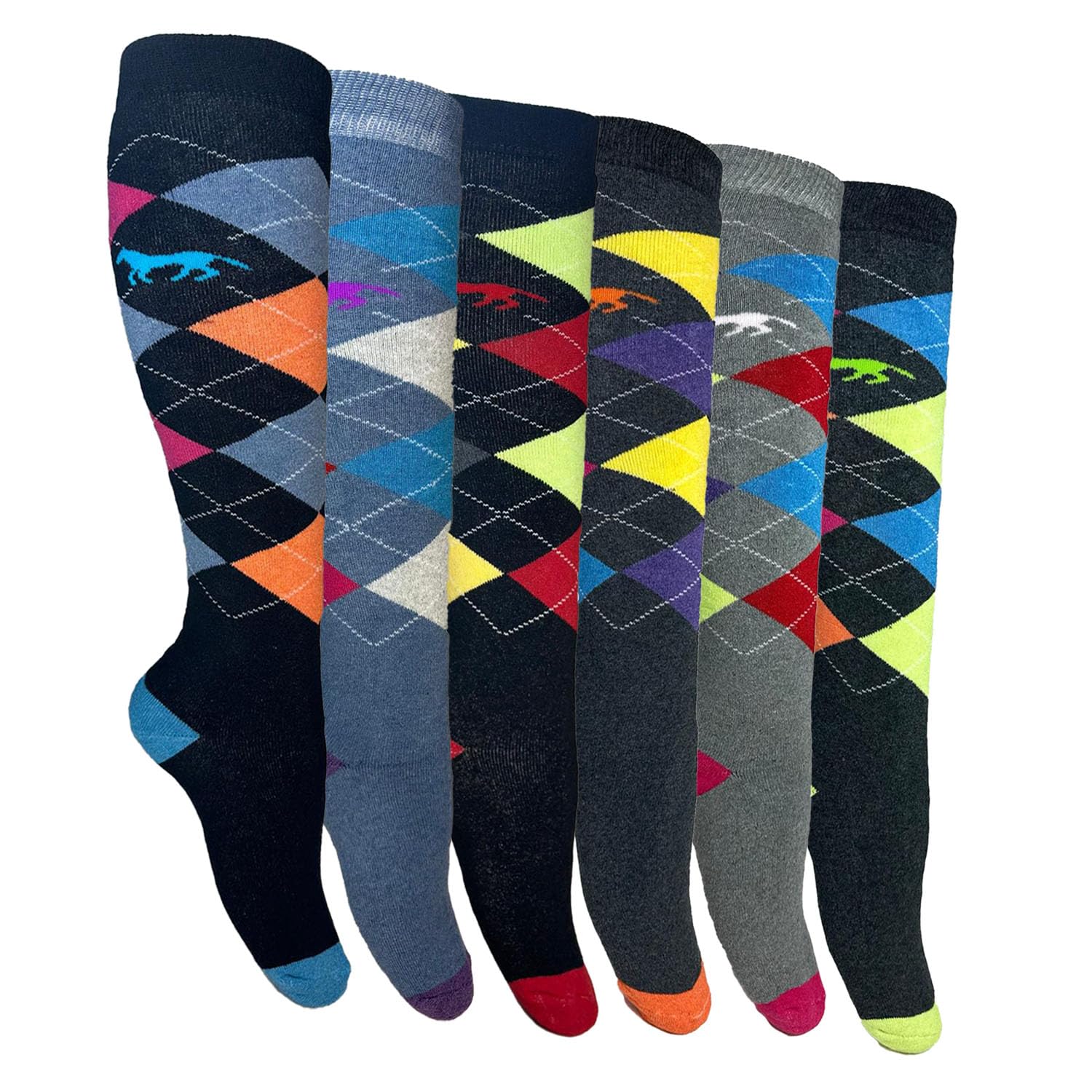 Vearz Women's Multi Argyle (03 Pairs) Vearz® 3, 6 Pairs Thermal Knee High Riding Horse Socks - Breathable Rich Cotton Knee Long Argyle Pattern Winter Boot Socks For Hiking Running Uk 4-7 (Multi Argyle (03 Pairs))