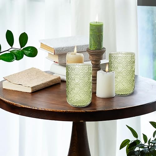 Miniatura 8 de Juego de 6 vasos de bebida vintage verdes de 14 onzas, vasos de agua verde en relieve para cerveza, jugo, cóctel, whisky, leche