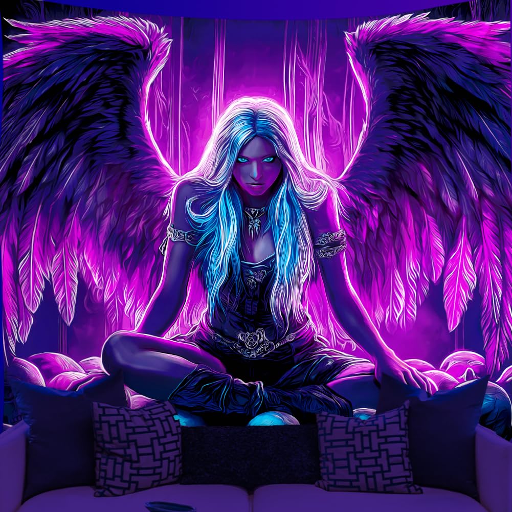 WEBEEDY Blacklight Skeleton Angel Wall Tapestry UV Reactive Glow In The Dark Poster Backdrop Trippy Angel Wing Tapestry Wall Decor for Bedroom Gamer Room Dorm Living Room Halloween Decor, 150x130cm