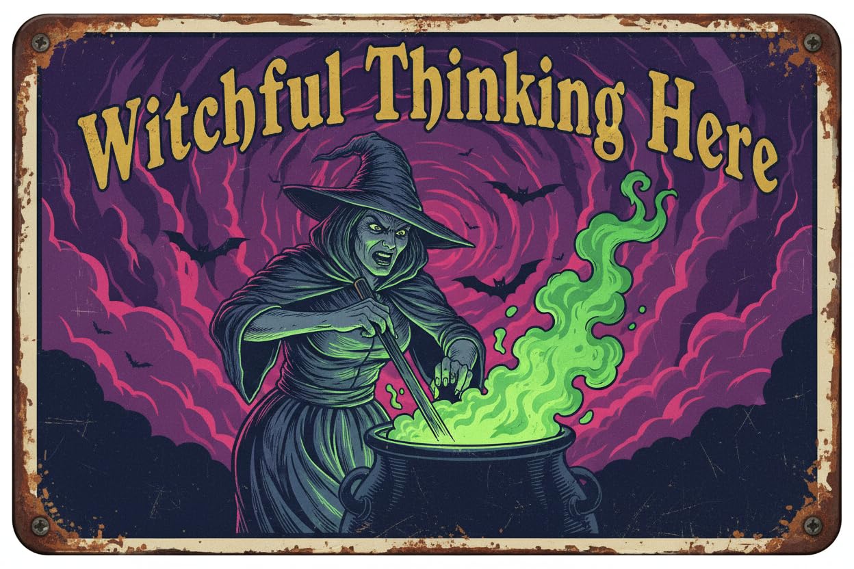 Vintage Metal Tin Sign Halloween Witch Metal Tin Sign Witchful Thinking Here Decor Gothic Wall Art Retro Plaque Spooky Home Cafe Decor 8X8 Inch Custom Private Property Signs Outdoor
