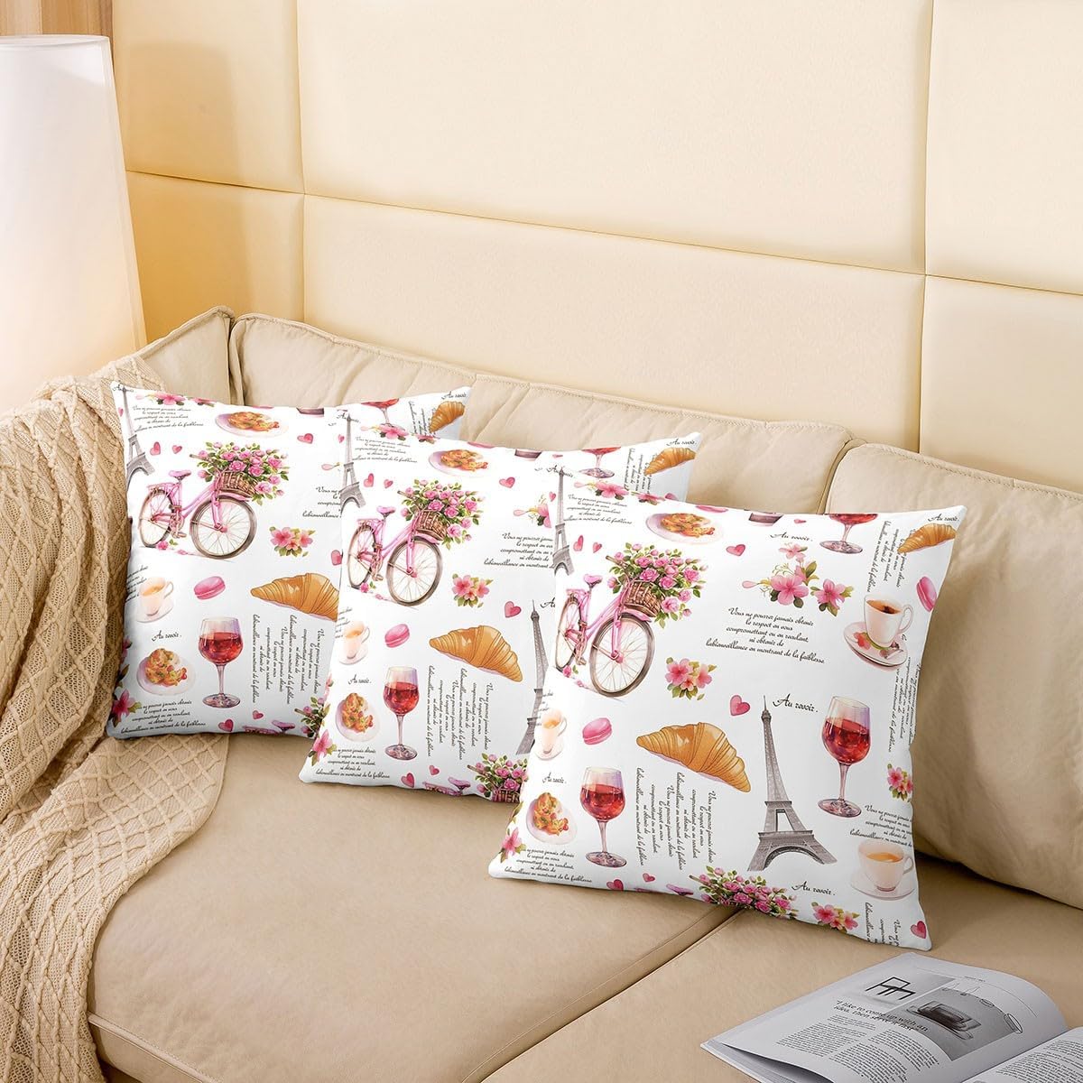 Erosebridal Romantic Valentine Throw Pillow Covers Pack of 2,French France Eiffel Tower Cushion Cases,Bicycle Romance Paris Pillow Covers,Roses Floral Wine Glass Decorative Pillow Covers,22x22 Inch