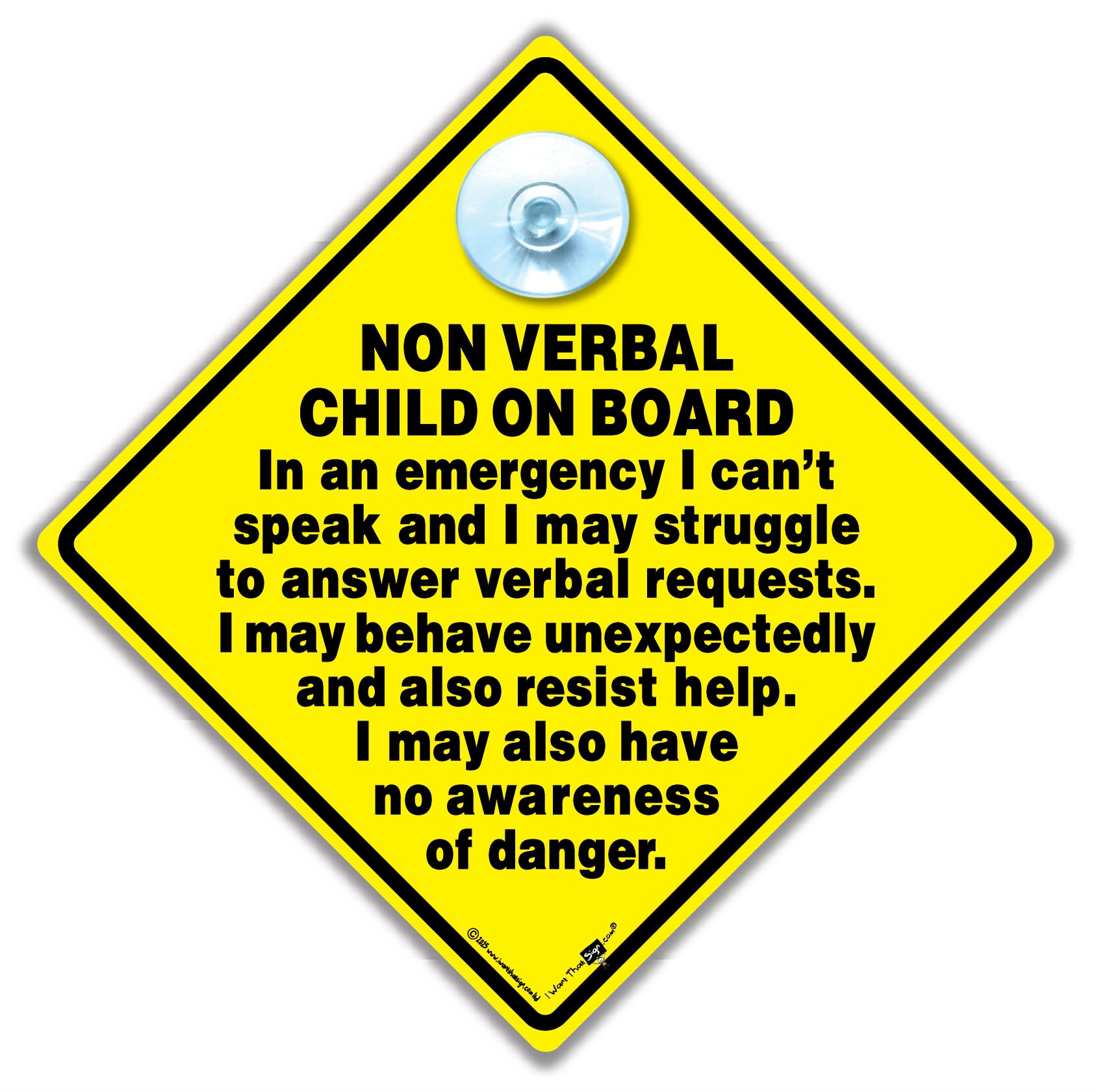 Non-Verbal Child on Board Car Sign, 14 cm, Autistic Child Car Sign, yellow, 14cm x 14cm