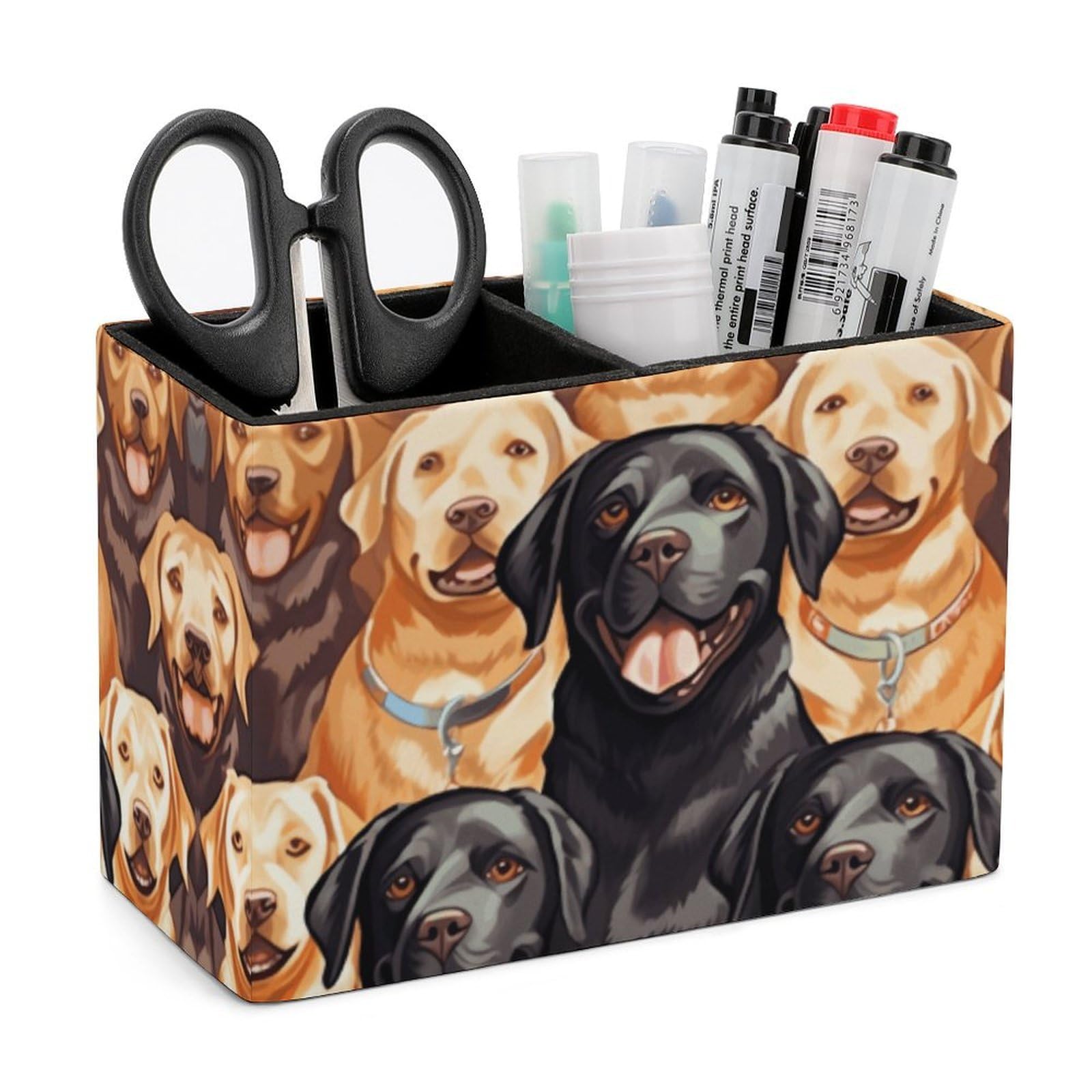 LZQPOEAS Exquisite Patterns PU Leather Pen Holder, Multifunctional Desktop Organizer Caddy with 2 Compartments, Labrador Retriever Dogs Pencil Cup Makeup Brush Holder for Office Home