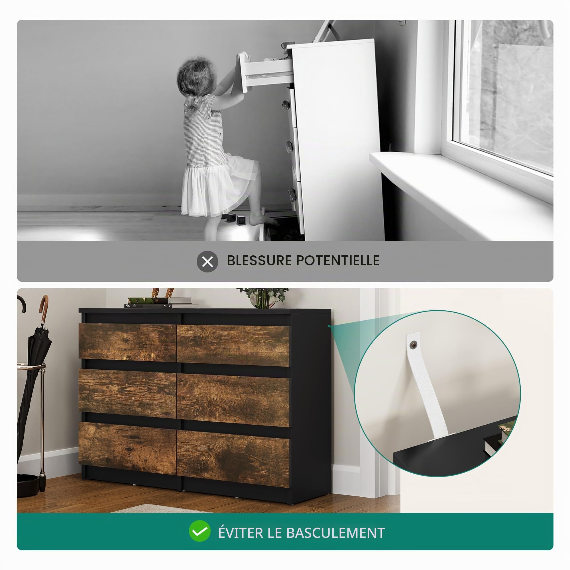 YITAHOME Commode à 6 tiroirs en Bois pour Chambre à Coucher, Table de Chevet Moderne, 100 x 30 x 70 cm, Noir Rustique