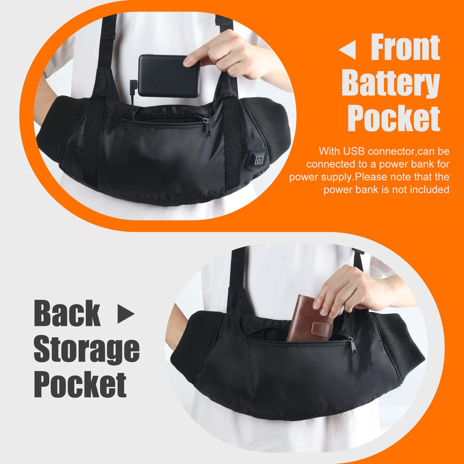 Manchon chauffant électrique avec 3 niveaux de réglage de chaleur, sangle réglable, 2 poches et prise USB pour la chasse, le football, le golf, la pêche, le camping (sans batterie externe)