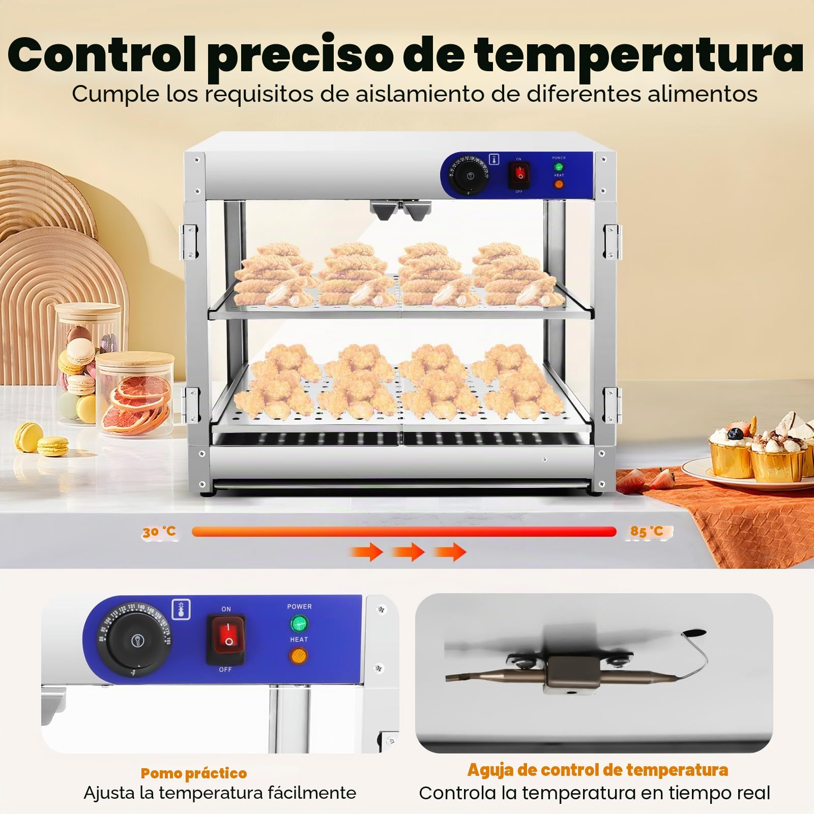 Vitrina de encimera, mostrador caliente, vitrina para mantener el calor, vitrina térmica de 30 – 85 °C, iluminación interior, estante de alambre de 2 niveles, con pinzas, cristal comercial