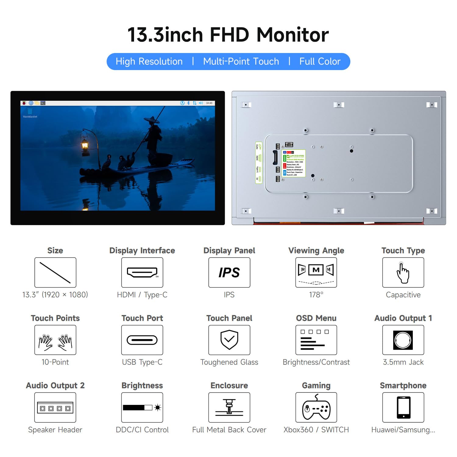 Amazon.com: waveshare 13.3inch High Resolution HDMI Capacitive