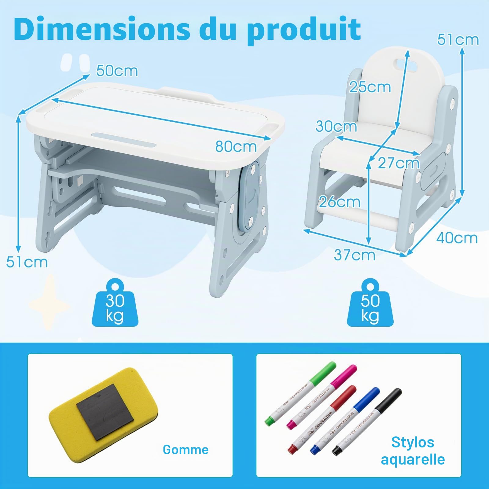 LIFEZEAL 4 en 1 Ensemble Table et Chaises pour Enfants, Table à Dessin avec Tableau Blanc Magnétique et Chaise Ergonomique, Bureau Réglable et Inclinable avec Pieds Antidérapants pour 3+ Ans (Bleu)