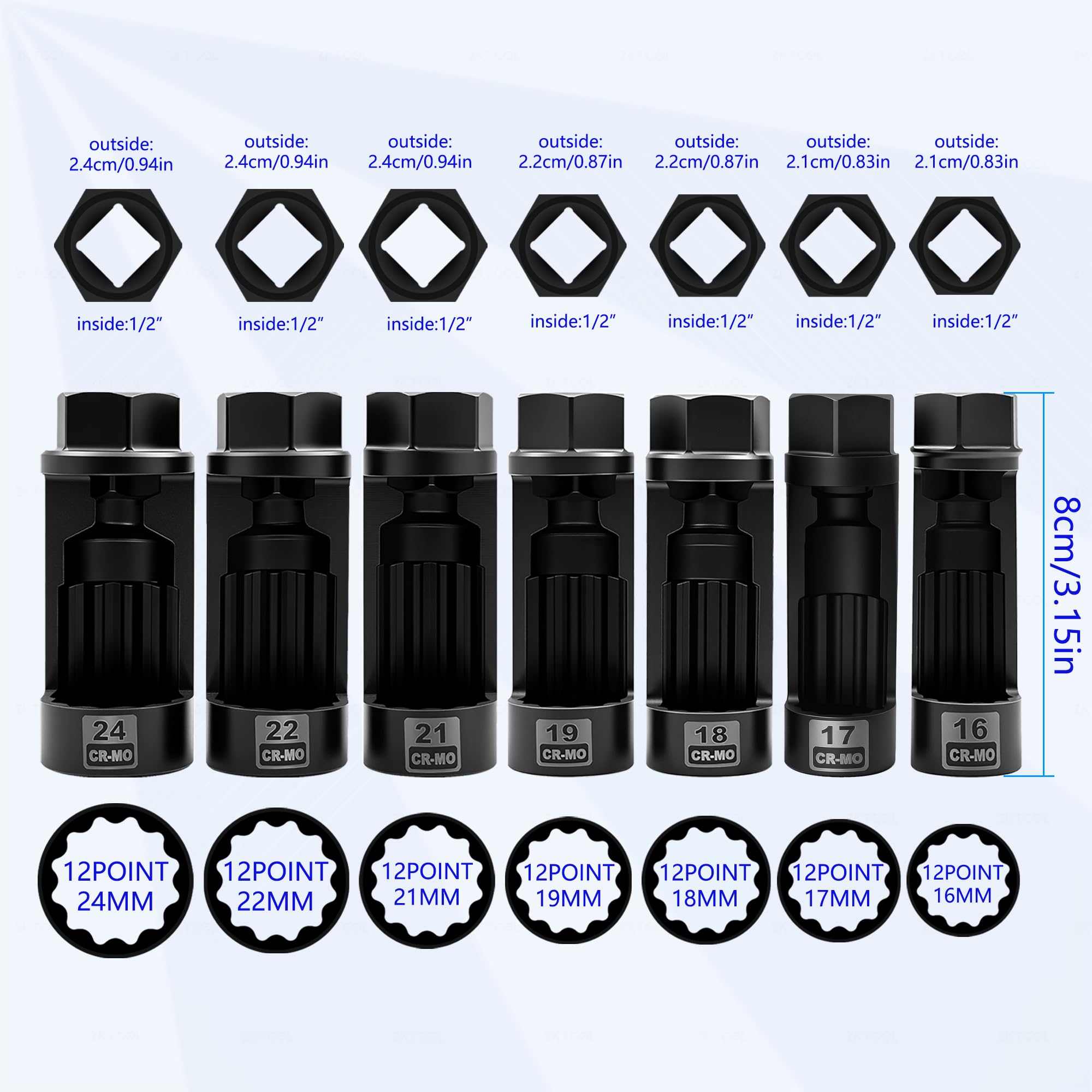 ZKTOOL 11-teiliges Stehbolzen-Nuss-Set für Federungsdämpfer, Größe 16mm, 17mm,18mm, 19mm, 21mm, 22mm, 24mm, mit 12 Punkten, 1/2"-Antrieb, Federungsdämpfer-Spreiznuss, Stoßdämpfer-Entfernungs-Werkzeug