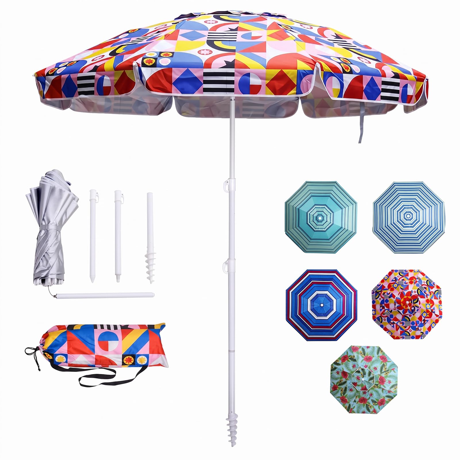 LOTTAFUN 6ft Beach Umbrella - Heavy Duty Wind Resistant UV 50+ Portable Sun Shade with Sand Anchor & Carry Bag, Outdoor Folding Umbrella for Beach, Pool, Patio, Garden (Print Flower) No tilt The sand