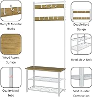 Vista 5 de Árbol de pasillo con banco y almacenamiento para zapatos, perchero para zapatos de 3 en 1, perchero de pie de madera independiente con marco