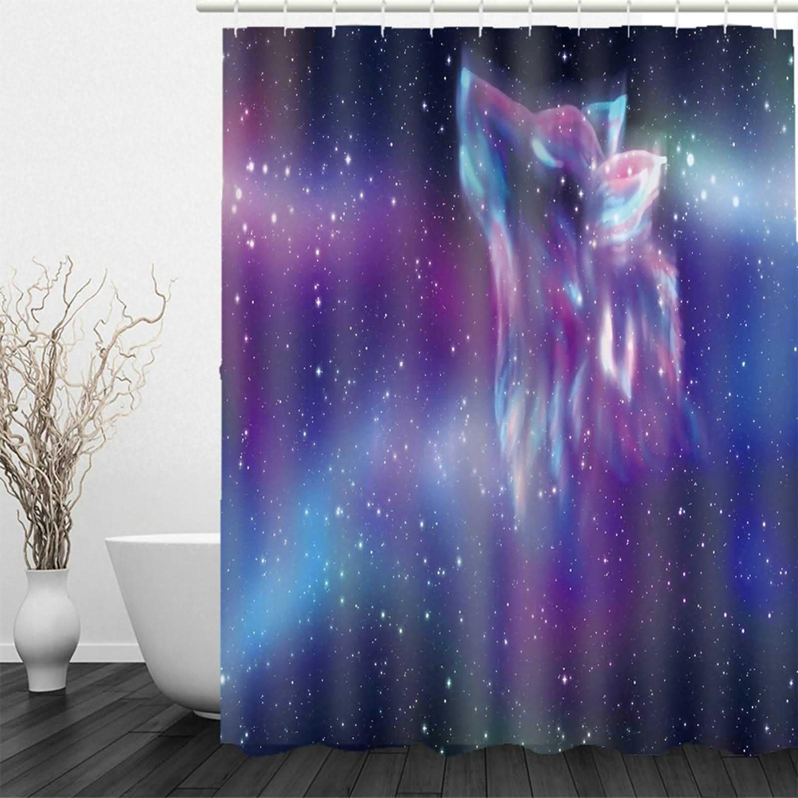 Rideau Douche Baignoire Rideaux Placard Salle Bain Aurore Ciel Étoilé Anti Moisissure Imperméable pour Meuble Bleu Violet 220x180cm
