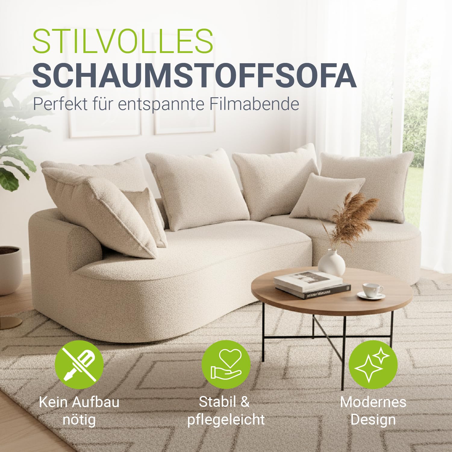 Juskys Sofa Tirano - Bouclé Creme, Ecksofa mit L-Form, mit Rücken- & Dekokissen, 4-Sitzer Eckcouch, Schaumstoff - Ottomane rechts
