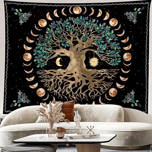 Tapiz de árbol de la vida de la fase lunar, tapiz de mandala estético para colgar en la pared, decoración de pared bohemia de la naturaleza, tapices