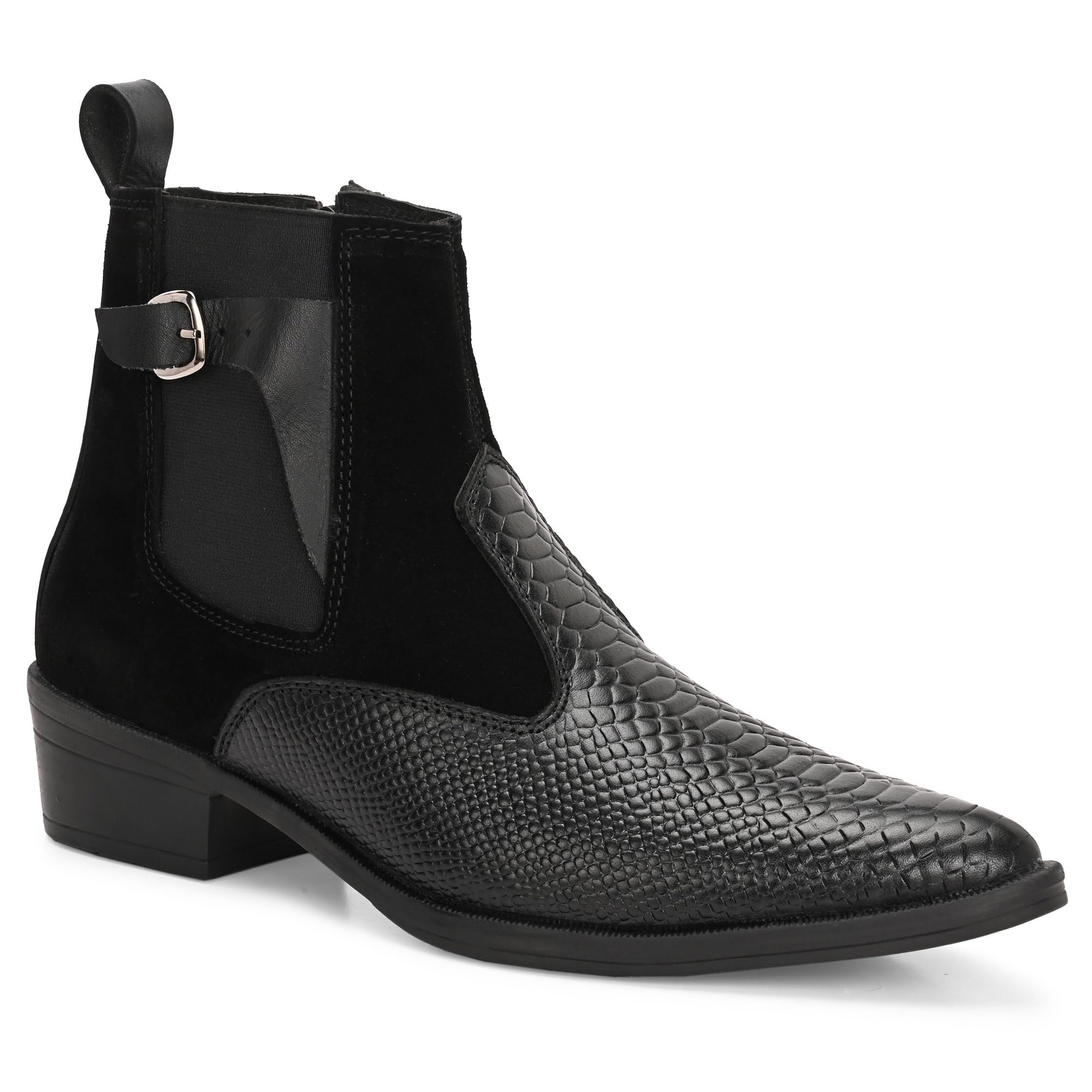 delvoro Men's Rich Quality|Premium|Croco & Suede Leather|Pointed Toe Genuine Leather Buckle Chelsea Boot's-picture-22