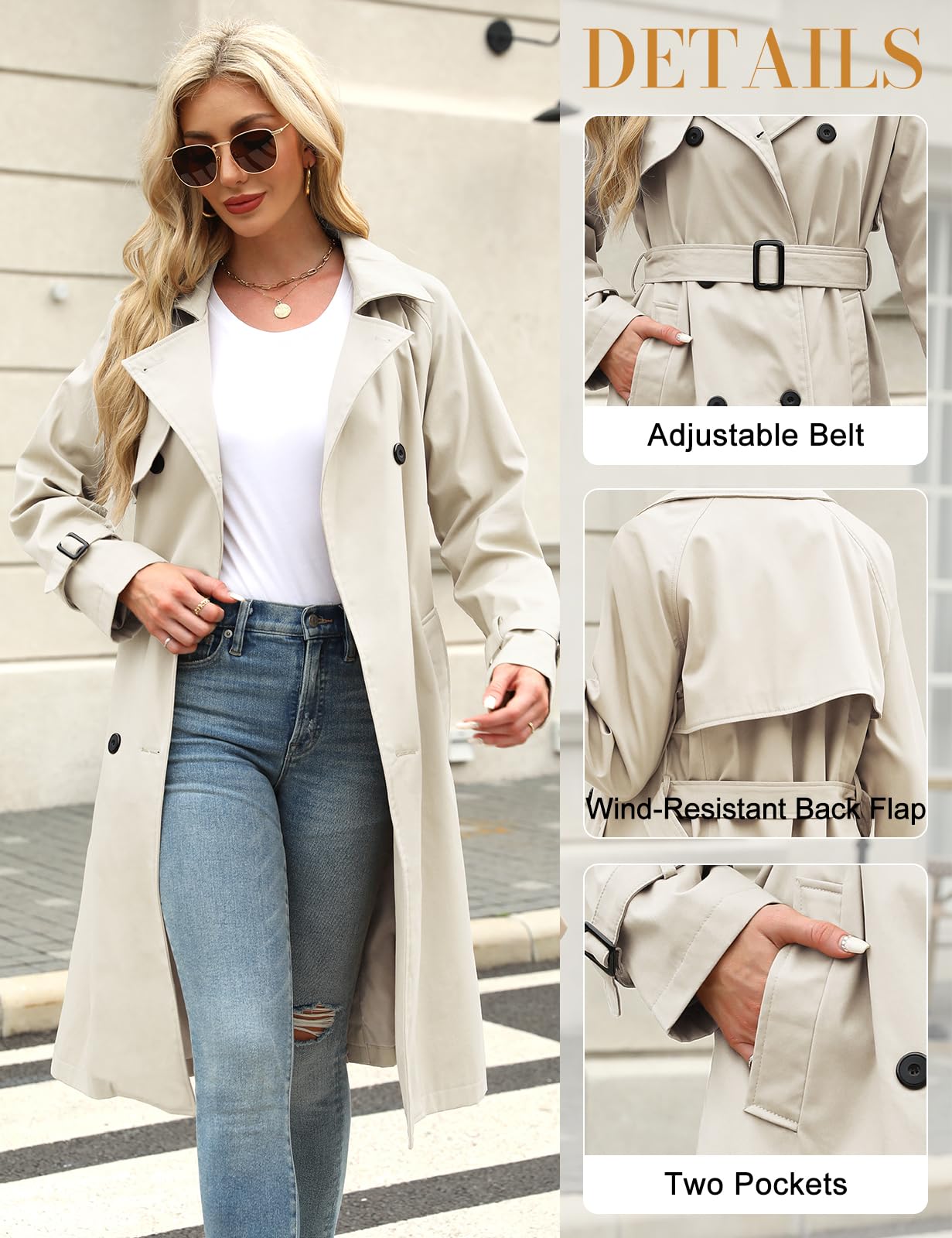 Vancavoo Trench Coat Femme Manteau Printemps Long Veste Blouson Classique Double Boutonnage Blazer Manteau Jacket Coat Automne Hiver Outwear