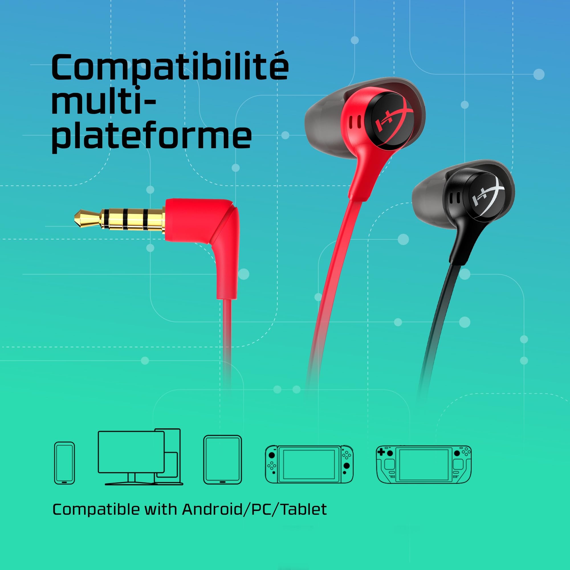 HyperX Cloud Earbuds II Écouteurs Gaming, Audio Immersif, Microphone Intégré, Prise Jack 3.5mm Coudée, Quatre Tailles d'Embouts, Pochette de Transport, Rouge