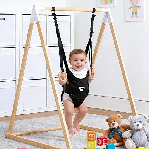 Miniatura 7 de Saltador y Columpio 2 en 1 para Bebé, Juego de Columpio de Madera Montessori para Niños Pequeños con Soporte para Interior/Exterior, Saltador
