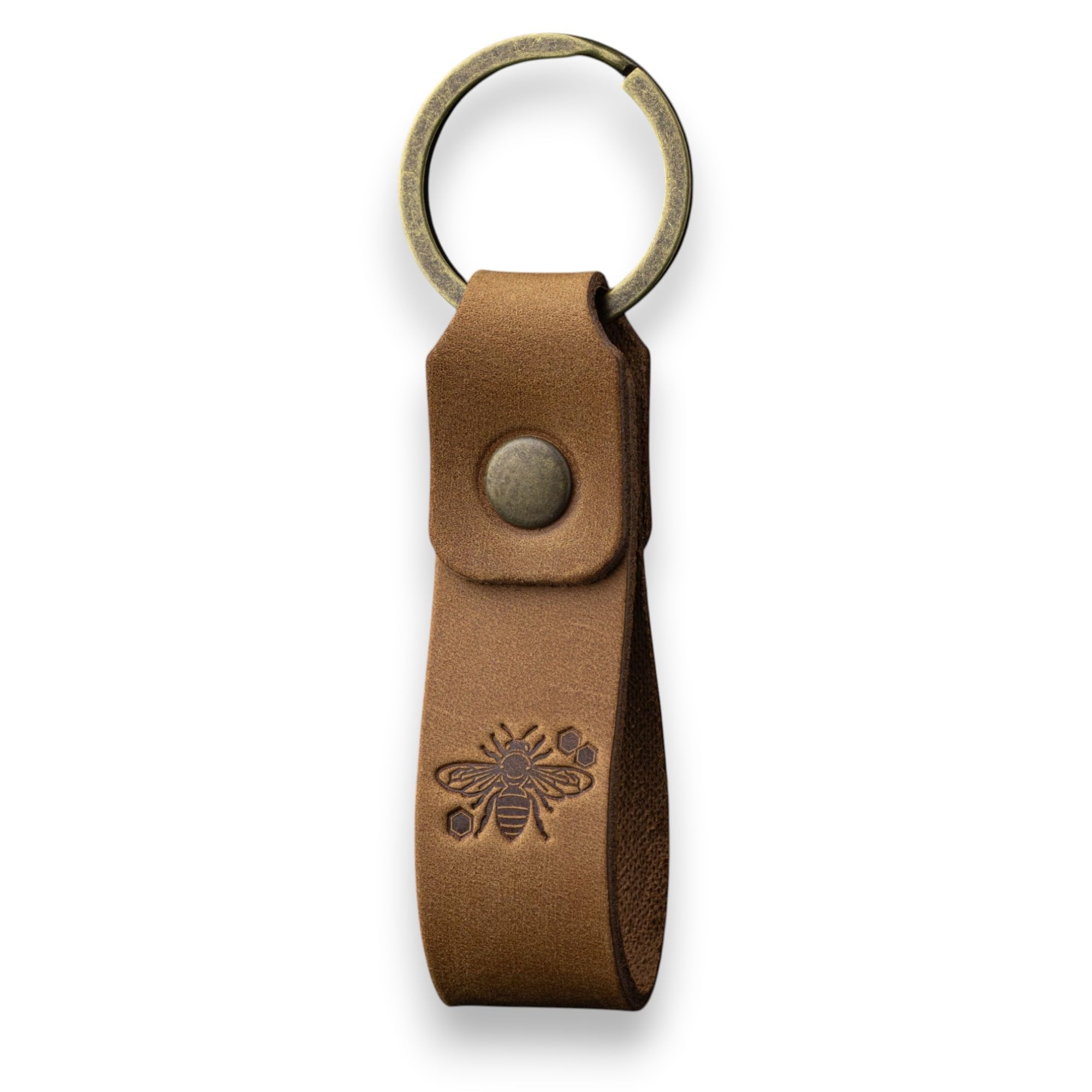 MAGOR Compact Leather Keyring for Men & Women – Personalised Crazy Horse Leather Keychain in Tan, Car Keyring, Hot Embossed Design, Gift for Him Her Mum Dad (Honey Bee)