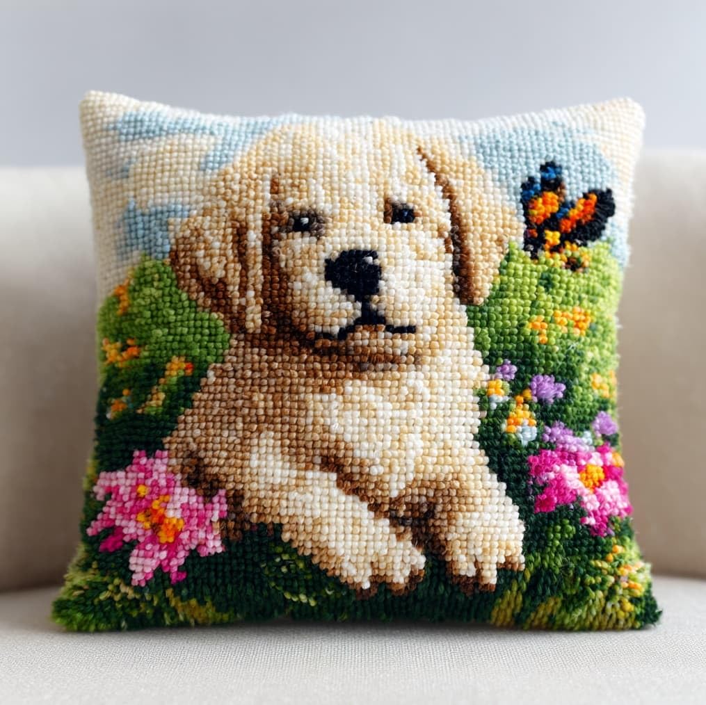 AxiangziK DIY Latch Hook Pillow Kit,Golden Retriever and Butterfly
