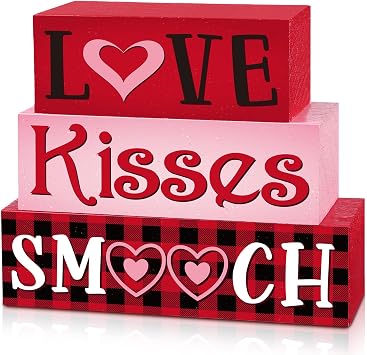 3 Pcs Valentine Table Decoration Signs Tiered Tray Valentine Wooden Love Blocks Heart Wood Freestanding Decor for Farmhouse Centerpiece Wedding GiftSweet Style