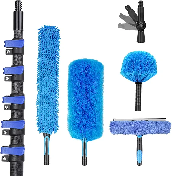 30 Foot High Ceiling Duster Kits with 4.7-24 FT Carbon Fiber Extension Pole, Feather Duster, Cobweb Duster, Ceiling Fan Duster, Window Squeegee & Cleaner with Pole 24 Ft