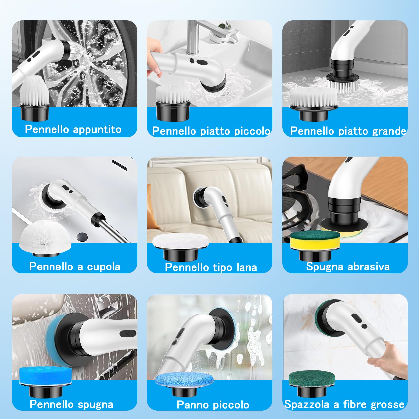 Spazzola elettrica per la pulizia, 9 in 1, spazzola elettrica per la pulizia domestica, 2 modalità, Spin Scrubber Electric Cleaning Brush con 34-130 cm, spazzola per il bagno (White)