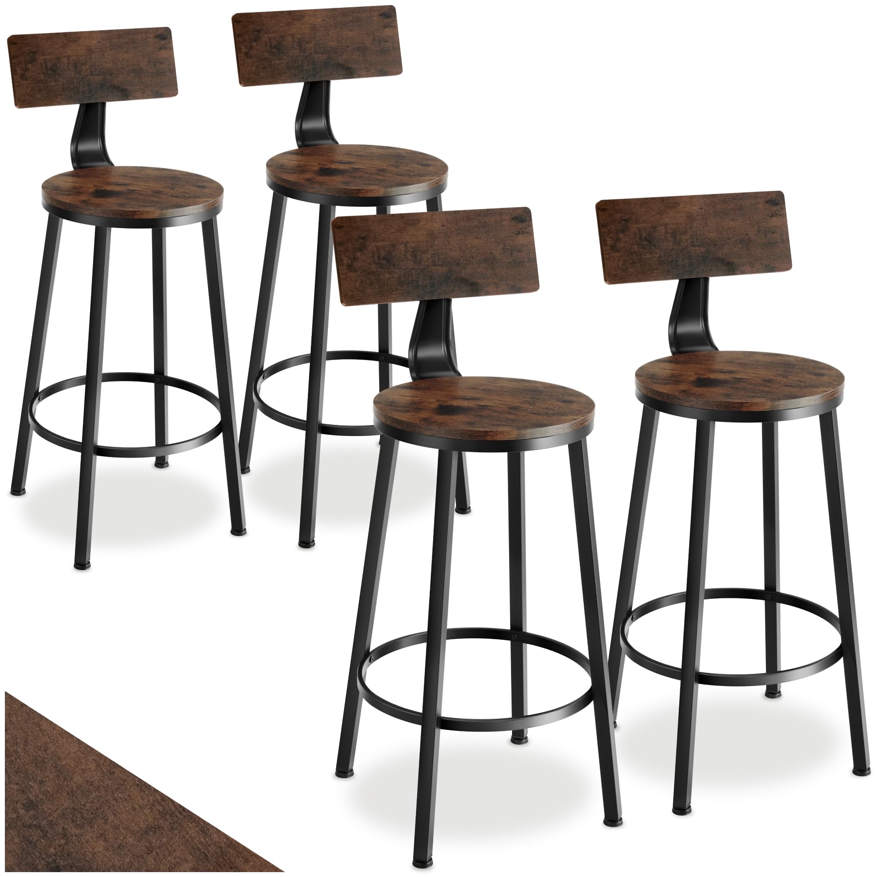 tectake® Taburete con Respaldo, Taburete Alto Cocina con Estructura de Acero, Taburetes Madera para Isla Cocina Resistentes, Sillas de Comedor - Set de 4 Madera Industrial Oscura, Rústica