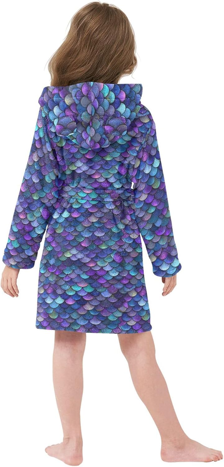 Funny Mermaid Scale Bathrobe Hooded PJ Robe Plush Fleece Robe Pajama Sleepwear 2-12 Years